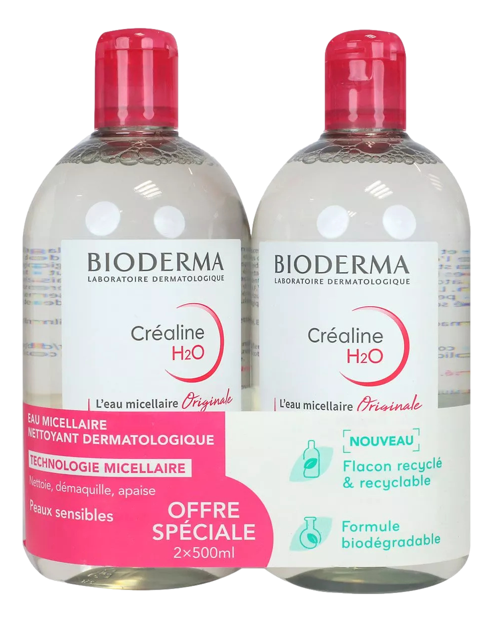 Bioderma Crealine H2O sans parfum eau micellaire 2x500ml Créaline H2O Solution micellaire sans parfum est une solution micellaire favorise un nettoyage en douceur du visage et des yeux.