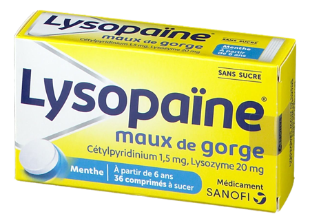 Lysopaïne maux de gorge cetylpyridinium lysozyme sans sucre, comprimé à sucer édulcoré au sorbitol et à la saccharine